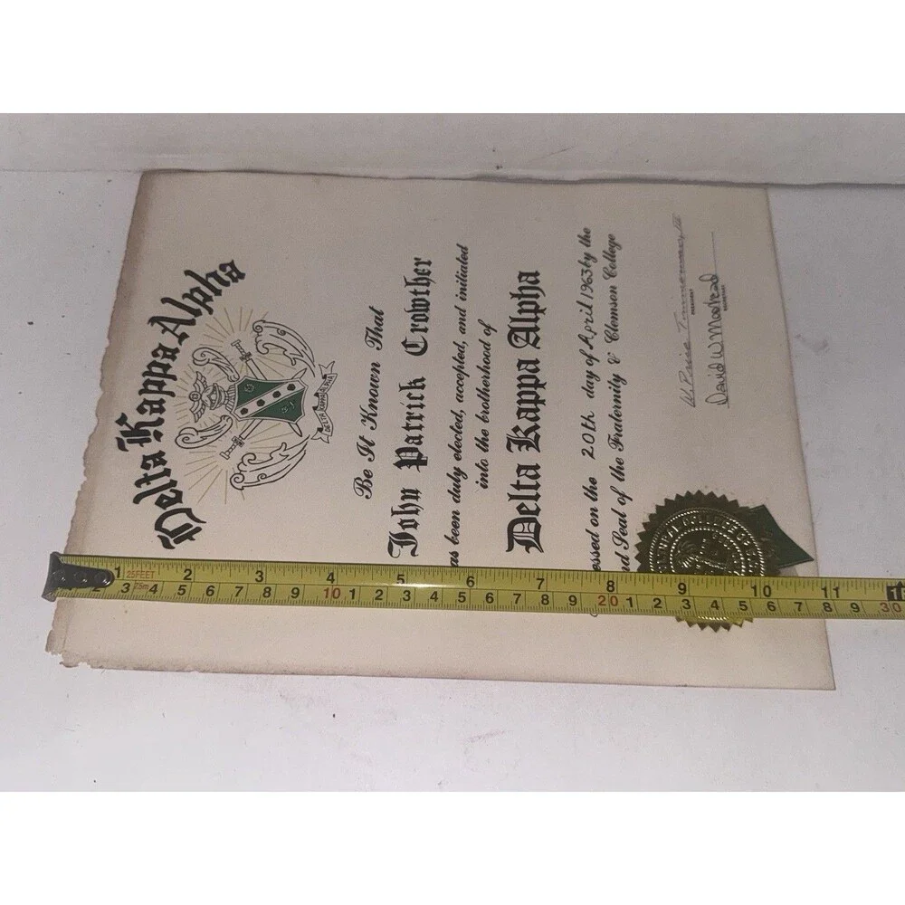 1963 Clemson Delta Kappa Alpha Certificate 1967 Navy Discharge Document Lot